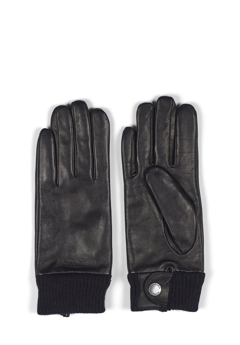 Guanti in pelle nera con cinque dita, polsini a costine neri e dettaglio a bottone a pressione sul polso. Texture liscia sulla pelle.