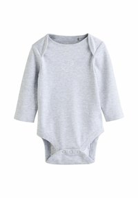 Light gray long-sleeve bodysuit made of soft cotton; features a simple duck outline embroidered on the chest and snap closures at the bottom.