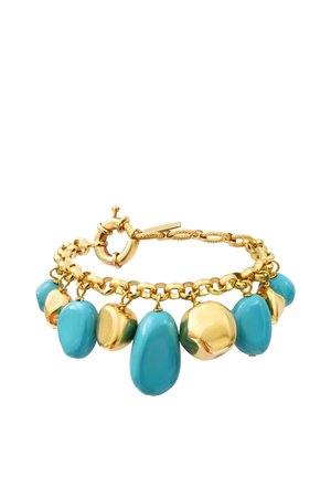 Bracelet chaîne en or avec des breloques larges alternées en turquoise lisse et rondes en or suspendues uniformément tout autour.