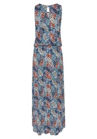 Blumenkleid ohne Ärmel im Blau-, Koralle- und Cremeton. Mit geraffter Taille und einem subtilen Schlüsselaußendetail auf der Rückseite. Leichter Stoff.