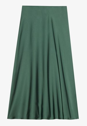Jupe midi verte en tissu lisse et léger. Présente un design fluide avec des plis, sans fermetures ni motifs visibles.