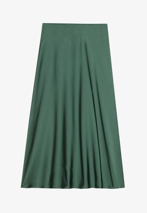 Jupe midi verte en tissu lisse et léger. Présente un design fluide avec des plis, sans fermetures ni motifs visibles.