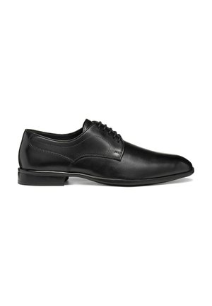 Chaussure habillée pour homme en cuir noir avec lacets, talon bas et finition polie lisse, présentée en profil droit sur fond blanc.