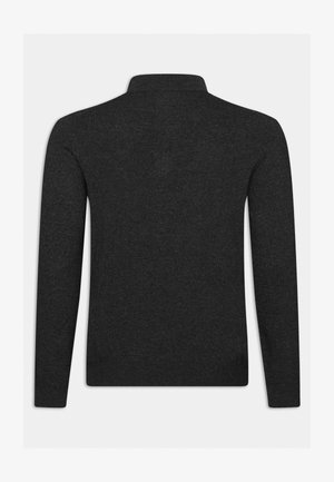 Dunkelgrauer Langarm-Pullover mit klassischem Kragen, gerippten Bündchen und einer glatten Textur aus weichem Strickmaterial.