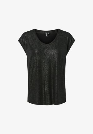 Top nero a maniche corte con scollo a V, leggero scintillio argentato e vestibilità ampia, etichetta visibile all'interno del colletto.