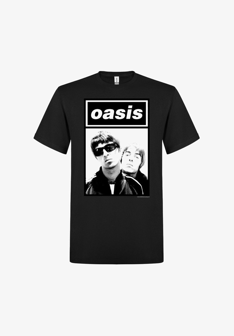 Černé bavlněné tričko s bílou a černou grafikou dvou postav v slunečních brýlích s textem "oasis" nahoře v obdélníkovém rámečku.
