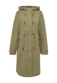 Oliwkowa parka z kapturem z sznureczkami, z dwoma bocznymi kieszeniami, zapinanymi mankietami i talią ściąganą dla regulowanego dopasowania.