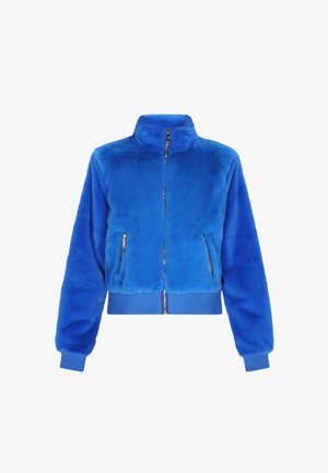 Blauwe nepbontjas met een hoge kraag, rits aan de voorkant en twee zijzakken. De mouwen en tailleband zijn geribbeld, wat extra structuur aan het ontwerp toevoegt.