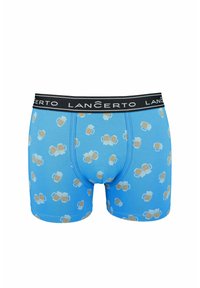 Niebieskie slipy z powtarzającym się wzorem kufli piwa. Wykonane z elastycznego materiału, z czarnym pasem w talii z logo "LANCERTO".