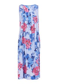 Abito senza maniche floreale in tessuto azzurro chiaro, caratterizzato da grandi motivi floreali rosa e blu, con un design ampio e fluido e un dettaglio plissettato davanti.