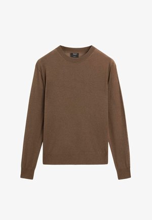 Brun tröja av mjukt material med klassisk rund halsringning och långa ärmar, med enkel design och ribbade muddar.