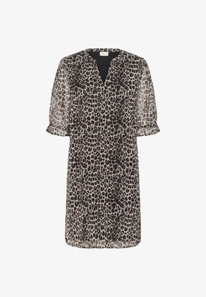 Gennemsigtig kjole i leopardmønster med korte puffærmer og V-halsudskæring. Overvejende beige med sorte og brune pletter.