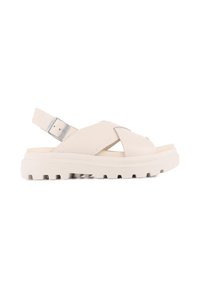 Lys beige sandaler med kryssremdesign, justerbar spenne og tykk rillesåle. Laget av syntetisk materiale med glatt tekstur.
