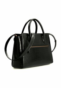 Zwarte nep leren handtas met een krokodillenstructuur, dubbele bovenhandvatten, een afneembare schouderriem en een voorzak met rits.