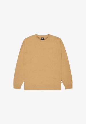 Herrenpullover mit Rundhalsausschnitt in Hellbraun, Strickstoff, gerippte Bündchen und Saum, dezentes Logo auf der Brust, weiche Textur, lässiges Design.