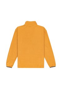 Pull en polaire d'un jaune vif, avec un col montant et des manches longues avec des accents noirs aux poignets. Texture lisse, sans motifs.
