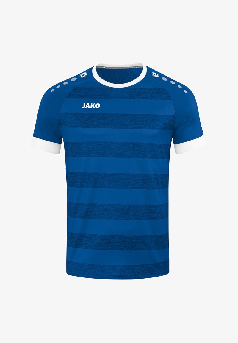 Maglia sportiva blu con strisce orizzontali di diverse tonalità. Presenta dettagli bianchi sul colletto e sulle maniche. Logo del marchio sul petto.