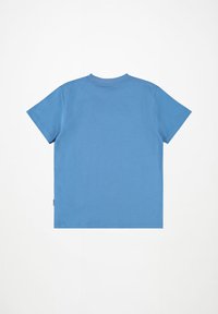 Modra majica s kratkimi rokavi iz bombaža. Preprost dizajn z okroglim izrezom in ravnim robom. Brez vidnih grafik ali vzorcev.