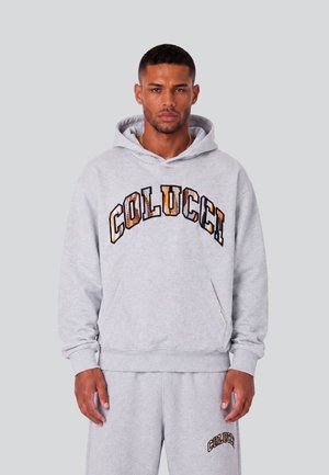 Uomo che indossa una felpa con cappuccio Colucci grigio chiaro e pantaloni della tuta abbinati con stampa del logo, in piedi davanti a uno sfondo grigio chiaro uniforme.