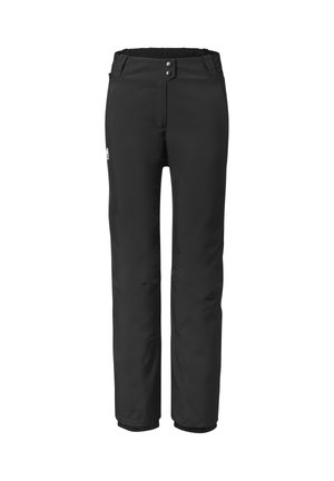 Schwarze wasserdichte Hose mit elastischem Bund, zwei vorderen Knöpfen und schmalem Beinabschluss. Geschmeidige Textur und minimales Branding.