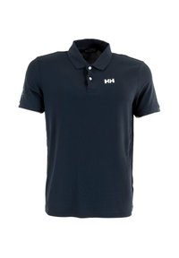Camiseta polo azul marino hecha de un tejido transpirable, con cuello tipo polo, tapeta de tres botones y un logo blanco en el pecho.