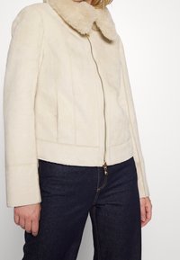 Giacca in finta shearling beige con colletto morbido, chiusura con zip e tasche laterali. Presenta un design cropped e una texture liscia.