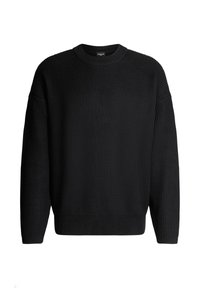 Maglione nero a costine con scollatura rotonda e vestibilità ampia. Presenta maniche lunghe e tessuto testurizzato. No loghi o decorazioni visibili.