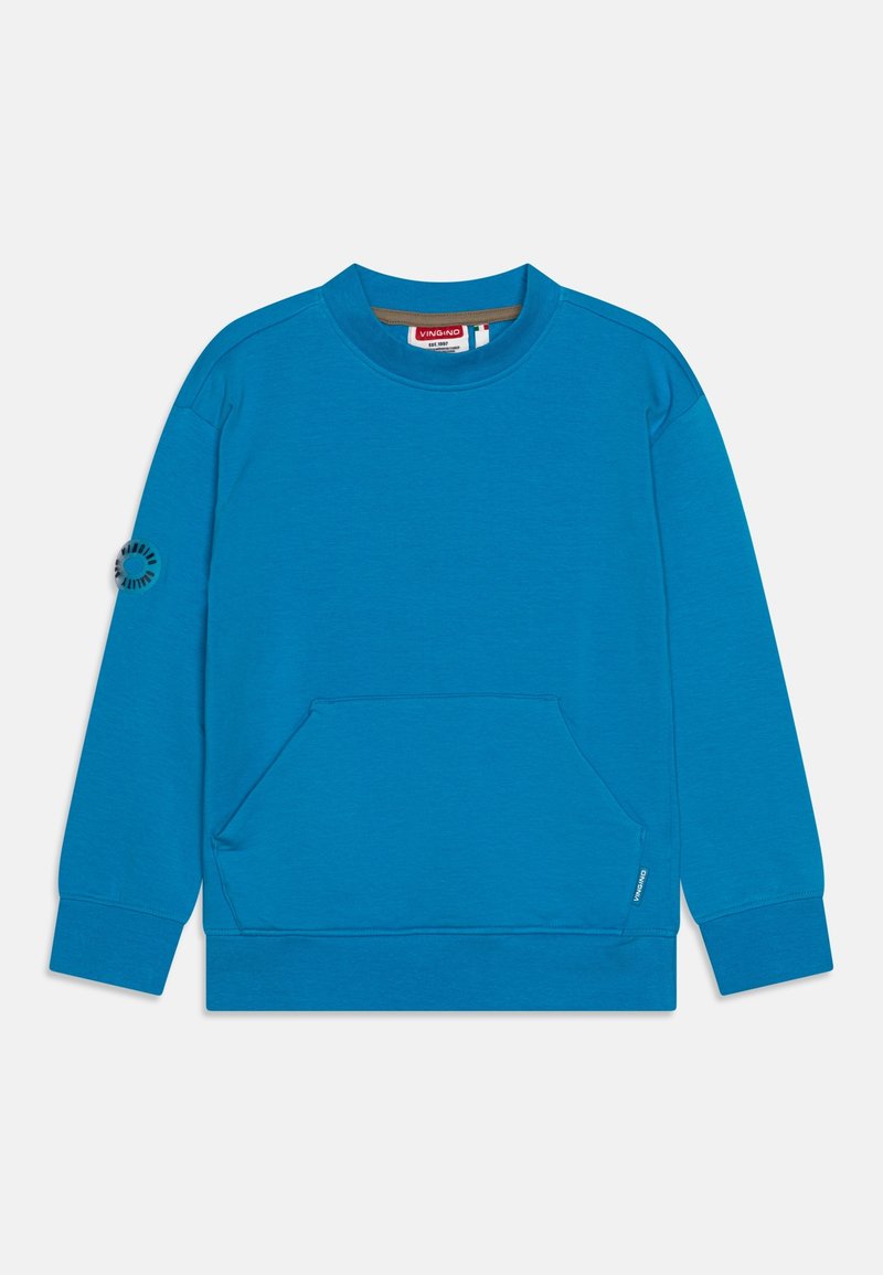 Sudadera azul hecha de una mezcla de algodón, con cuello redondo, mangas largas, bolsillo frontal y un detalle de logo redondo en la manga.
