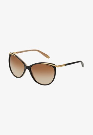 Kassiirp sunglasses musta plastikraamiga, kuldsete metallaktsentidega ja pruunide grenadiinläbipaistvusläätsedega. Sile ja läikiv pind kogu ulatuses.