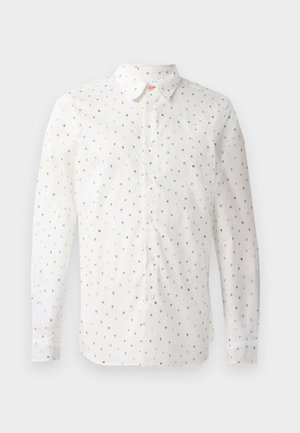 Long-sleeve white shirt featuring a repeating pattern of colorful letters, button-up front, standard collar, and button cuffs.