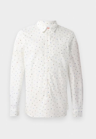 Long-sleeve white shirt featuring a repeating pattern of colorful letters, button-up front, standard collar, and button cuffs.