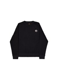 Black long-sleeve waffle-knit crewneck sweater with small white circular logo on left chest and ribbed cuffs and hem.