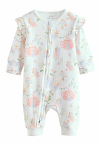 Grenouillère blanche pour bébé avec manches à volants, motifs de lapins fées pastel, théières, champignons et imprimé floral, dotée d'une fermeture éclair à l'avant.