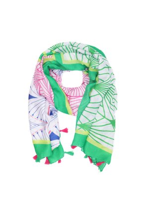 Leggero scialle con bordo verde, sfondo bianco con motivi geometrici rosa e blu, e pon-pon rosa agli angoli.