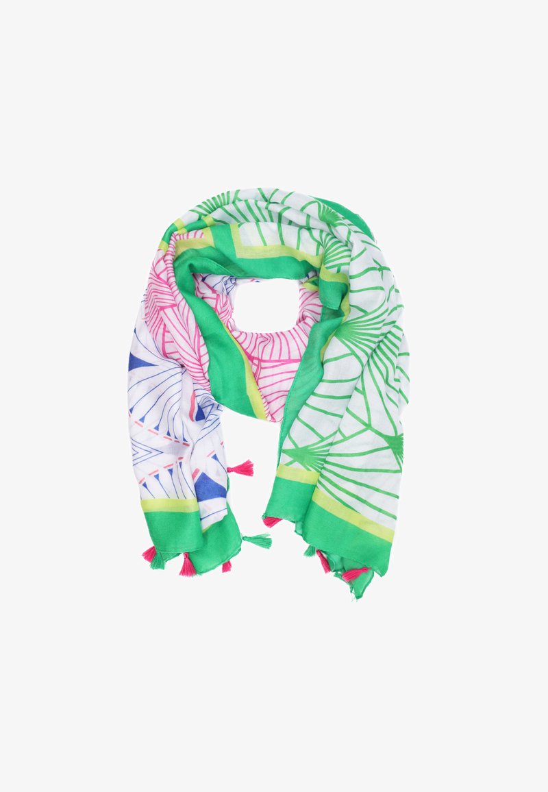 Leggero scialle con bordo verde, sfondo bianco con motivi geometrici rosa e blu, e pon-pon rosa agli angoli.