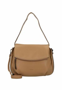 Helle Leder-Crossbody-Tasche mit Klappenverschluss und einer vorderen Reißverschlusstasche. Mit abnehmbarem Tragegurt und sichtbaren Nahtakzenten.