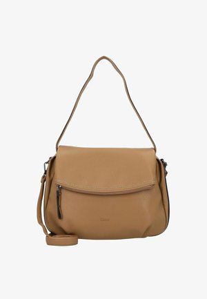 Tan leren schoudertas met een klep sluiting en een voorzak met rits. Voorzien van een afneembare schouderriem en zichtbare stiksels.