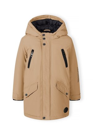 Manteau d'hiver à capuche marron clair avec poches zippées noires, boutons-pression et doublure noire à l'intérieur de la capuche.