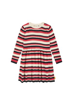 Strickkleid mit langen Ärmeln, rundem Ausschnitt und einem ausgestellten Rock mit abwechselnden roten, schwarzen und cremefarbenen horizontalen Streifen aus strukturiertem Stoff.