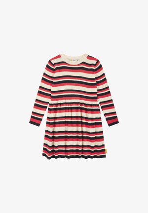 Abito in maglia con maniche lunghe, scollatura rotonda e gonna svasata con righe orizzontali alternate rosse, nere e crema, in un tessuto testurizzato.