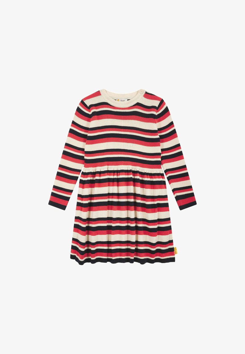 Strickkleid mit langen Ärmeln, rundem Ausschnitt und einem ausgestellten Rock mit abwechselnden roten, schwarzen und cremefarbenen horizontalen Streifen aus strukturiertem Stoff.