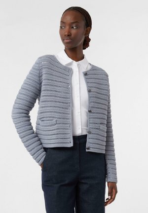 Cardigan all'uncinetto grigio chiaro con strisce orizzontali, scollo rotondo, due tasche frontali e chiusure a bottone argentate, indossato sopra una camicia bianca.