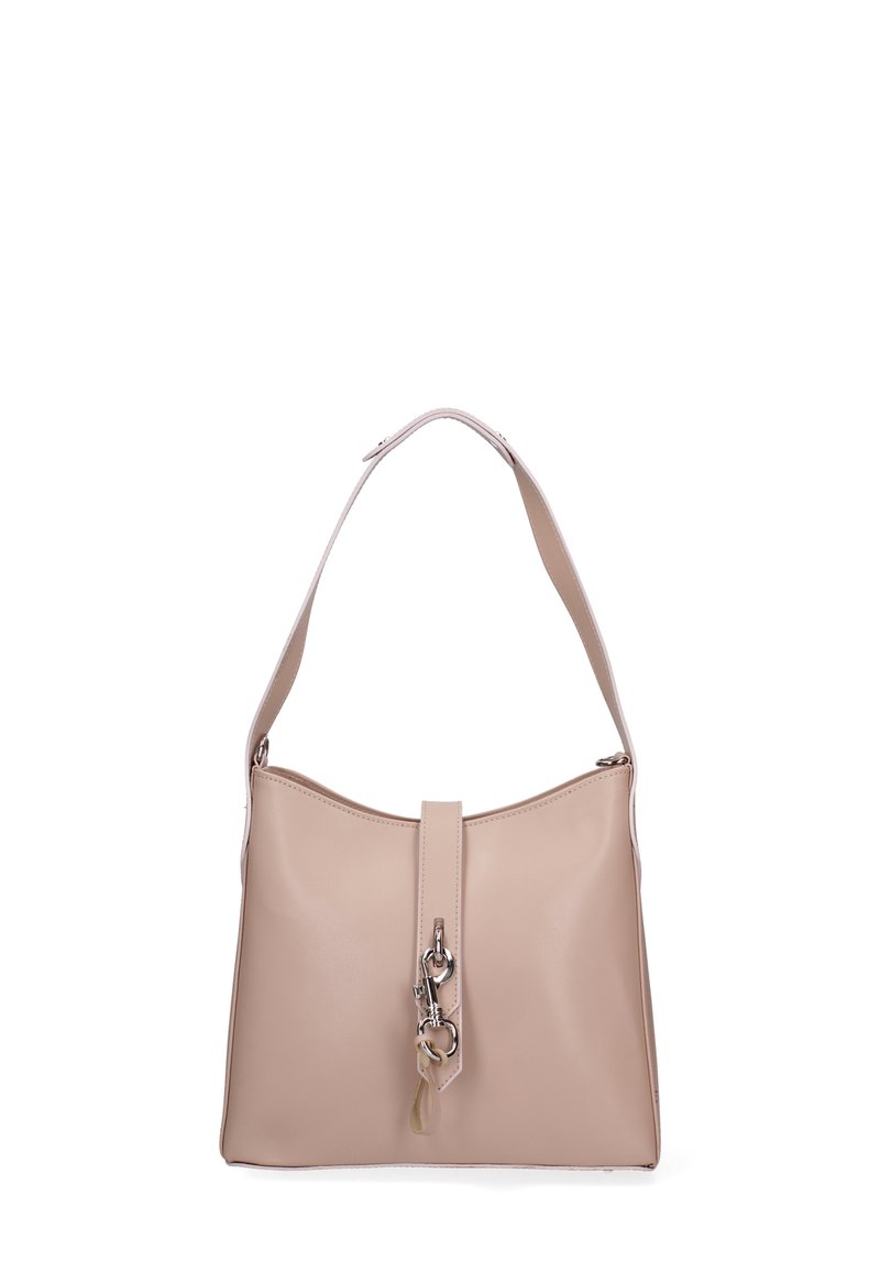 Borsa a mano in pelle beige con una forma strutturata, chiusura a cerniera superiore e una tracolla centrale con un accento in metallo argentato.