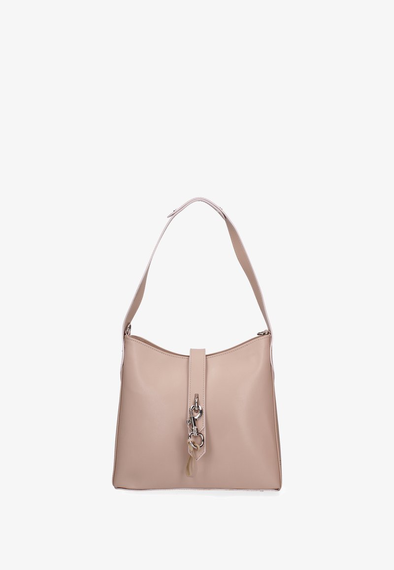 Beige leren handtas met een gestructureerde vorm, een bovenste ritsluiting en een centrale strap met een zilveren hardware accent.