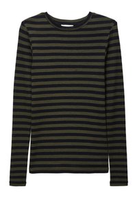 Chemise à manches longues à rayures vert foncé et bleu marine, avec un col rond et un tissu doux et texturé. Design simple avec une distribution uniforme des rayures.