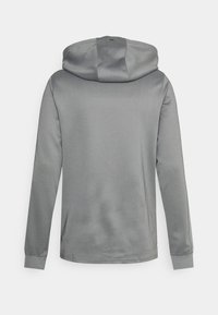 Grijze hoodie met een gladde textuur, lange mouwen en een grote verstelbare capuchon. Heeft een eenvoudig ontwerp zonder versieringen of patronen.