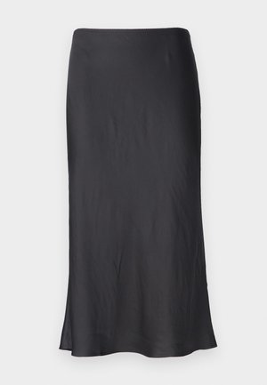 Μαύρη σατινένια φούστα slip με ίσια γραμμή και απαλό γυαλιστερό φινίρισμα. Διαθέτει μαλακή υφή και μεσαίου μήκους σχέδιο, με ελαφριά άνοιξη στο στρίφωμα.