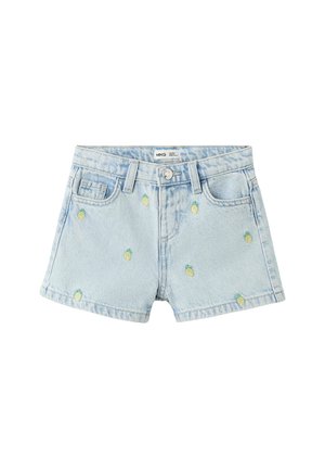 Short en denim bleu clair avec de petits ananas jaunes brodés, poches avant, passants de ceinture et fermeture par bouton.