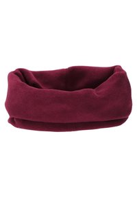 Burgundy fleece neck warmer with a soft texture. Features a tubular design with a fold-over top for added warmth and comfort.