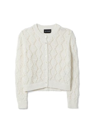 Cardigan blanc en tricot avec motif losanges, manches longues, fermeture boutonnée devant, poignets et ourlet côtelés, étiqueté "LES COPAINS."